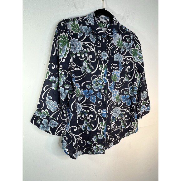 chicos No Iron 100% linen botanical Sketch art print button blouse s 4 0 top - Picture 2 of 8
